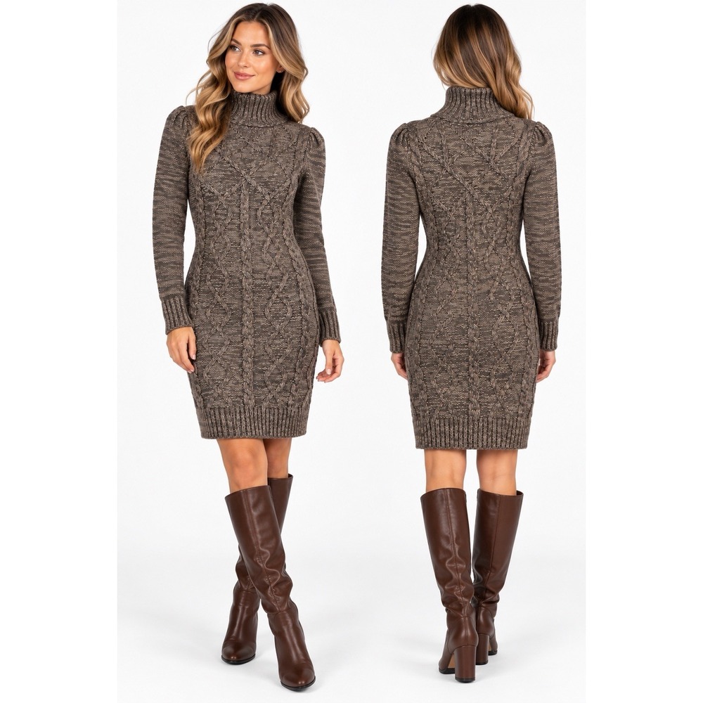 Moda International Sweater Dress Womens M Wool Blend Cable Knit Turtleneck Brown